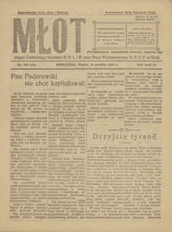 1919 m. gruodžio laikraščio „Młot“ numeris – Lietuvos ir Baltarusijos komunistų partijos centrinio komiteto organas.
