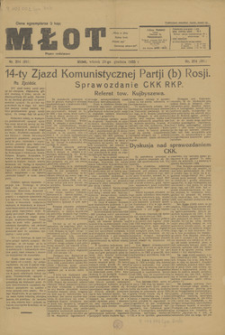 1925 m. gruodžio 29 d. laikraščio „Młot“ numeris – K.P.L.i B. komunistinio judėjimo leidinys.